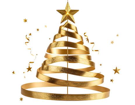  Gold Christmas Tree Made of Hanging Ribbons and Star Topper, Floating Effect, Transparent PNG