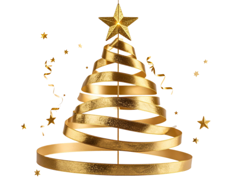  Gold Christmas Tree Made of Hanging Ribbons and Star Topper, Floating Effect, Transparent PNG