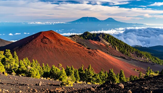 Volcanic landscape with vibrant red hills and distant mountains