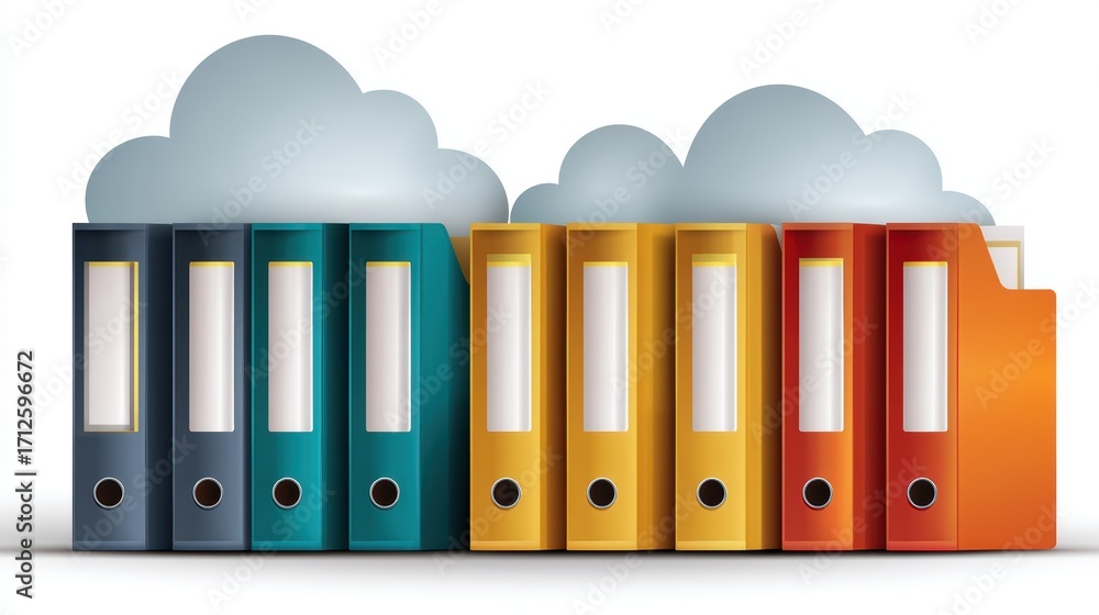 Poster cloud storage and data organization, a row of folders for secure file management