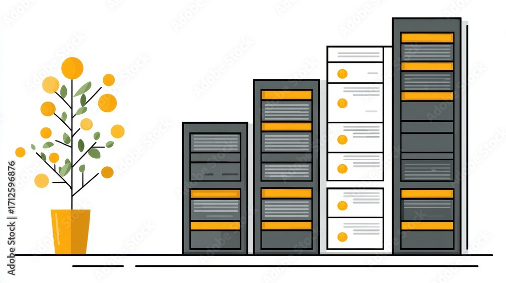 Poster modern data center infrastructure, server stack with integrated greenery for enhanced efficiency