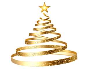  Elegant Spiral Gold Christmas Tree with Glowing Star, Abstract Swirl Design, Transparent PNG