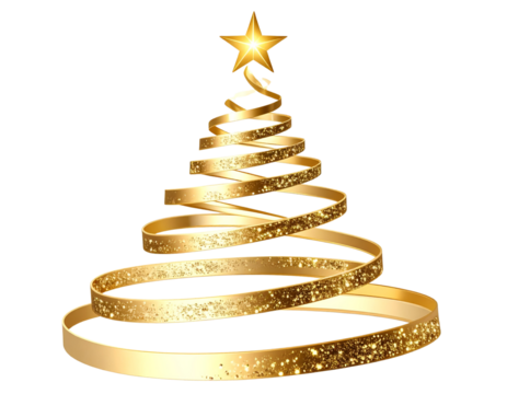  Elegant Spiral Gold Christmas Tree with Glowing Star, Abstract Swirl Design, Transparent PNG