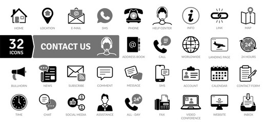Contact Us Icons: Communication and Support Channels. It also includes symbols for support, help centers, and maps to find locations.