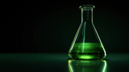 A green liquid in a conical flask on a dark background.
