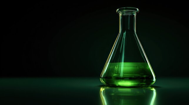 A green liquid in a conical flask on a dark background.