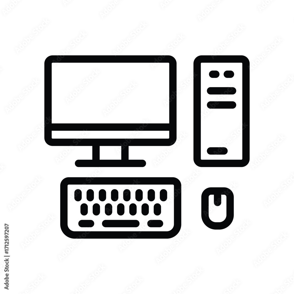 Poster a stark linedrawn computer setup featuring a monitor tower keyboard and mouse. line icon. editable s