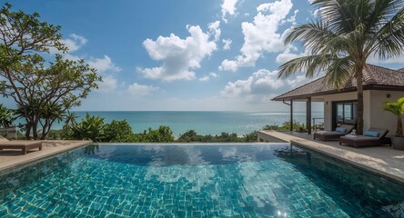 Obraz premium A luxurious villa with a serene infinity pool overlooks a stunning ocean view on a sunny day