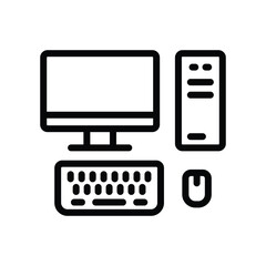 A stark linedrawn computer setup featuring a monitor tower keyboard and mouse. Line icon. Editable stroke