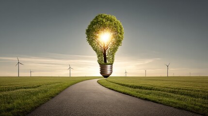 A green tree growing out of a light bulb on a road with wind turbines in the background.