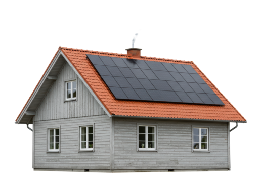 Isolated house with solar panels and red tile roof for renewable energy generation - Powered by Adobe