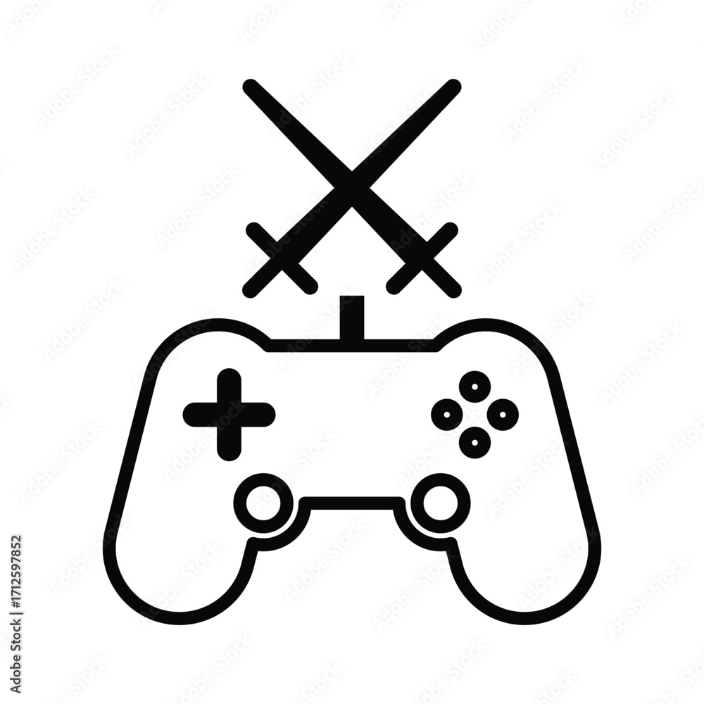 Poster a video game controller with crossed swords on top of it. line icon. editable stroke