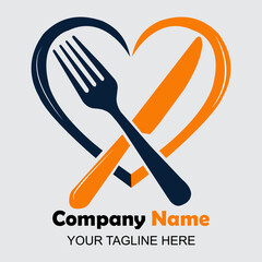 Elegant restaurant logo with heart shape, featuring fork and knife in a creative design