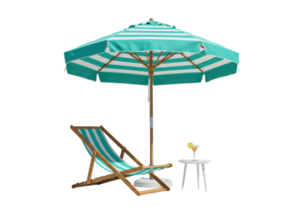 Isolated beach vacation scene with striped umbrella and deckchair, summer relaxation