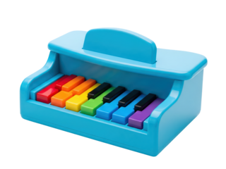 Colorful plastic children’s toy piano with bright keys isolated on a transparent background