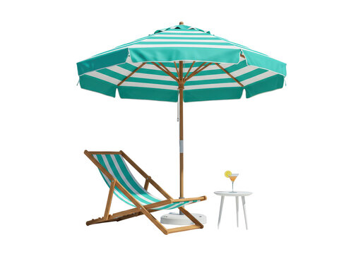 Isolated beach vacation scene with striped umbrella and deckchair, summer relaxation - Powered by Adobe