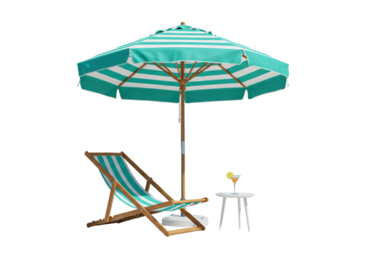 Isolated beach vacation scene with striped umbrella and deckchair, summer relaxation