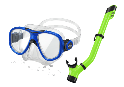Isolated swimming equipment set with snorkel and mask used for diving or snorkeling