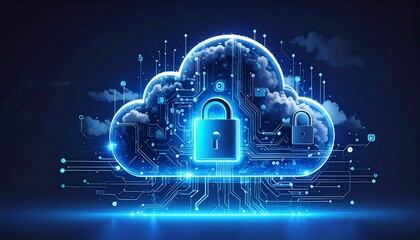 A glowing blue cloud with a central padlock floats in a dark digital space—surrounded by circuits and icons, evoking cybersecurity, data protection, and the futuristic rhythm of cloud infrastructure.