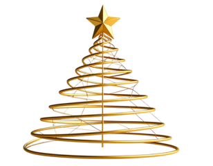 Golden Wireframe Christmas Tree with Glowing Star Top, Side Profile View, Transparent PNG