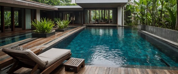 A Luxurious Pool and Elegant Building Surrounded by Greenery. The pool is framed by wooden decks, and accompanied by a lounge chair