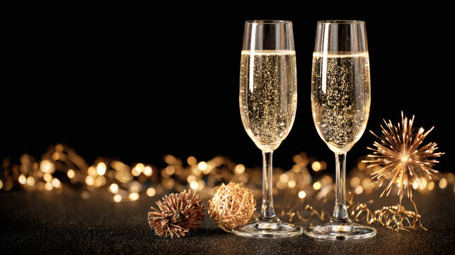 dos copas de cristal de champan sobre fondo oscuro con adornos luminosos dorados, fuegos artificiales, para celebrar aniversarios, a&ntilde;o, nuevo, navidad o fin de a&ntilde;o