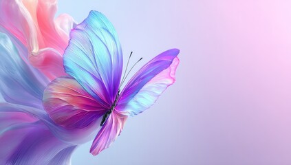 A vibrant, colorful butterfly takes flight amidst flowing, pastel-hued fabrics, showcasing a dynamic and ethereal composition.