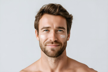 Obraz premium Handsome man applying skincare cream for youthful skin, showcasing beauty routine and healthy grooming habits