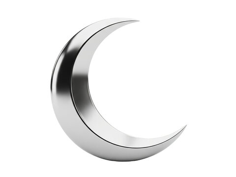 Islamic crescent moon religious symbol in silver design isolated on a transparent background