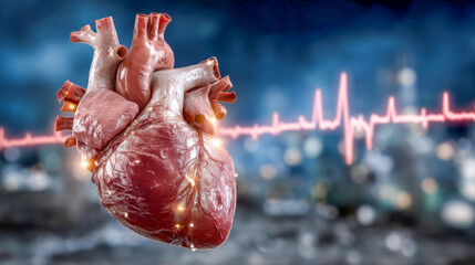 Heart beating in vibrant cityscape with a glowing pulse line seen at twilight