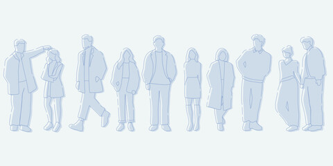 flat minimal children male and female vector illustration in winter clothing concept isolated set collection. Outline with silhouette shadow. For architecture rendering, design, info graphic, media
