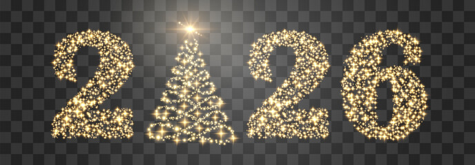 Vector Happy New Year 2026, shiny particles design. Vector luxury light sparkles. Vector glitter particles shine isolated on png background