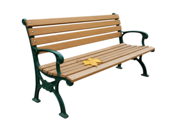 Isolated outdoor park bench with autumn leaf, ready to sit, waiting on a peaceful day