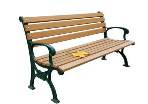 Isolated outdoor park bench with autumn leaf, ready to sit, waiting on a peaceful day