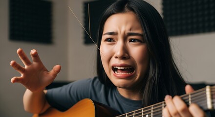 Frustrated Woman Playing Acoustic Guitar.