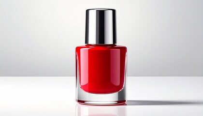 A clear glass bottle of vibrant red nail polish with a shiny silver cap sits against a soft gray-white gradient—evoking elegance, precision, and the expressive charm of personal style.