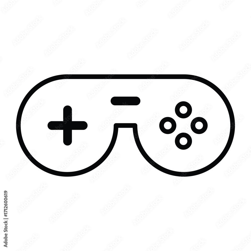 Poster black and white gamepad icon with a plusshaped directional pad and four circular buttons. line icon.