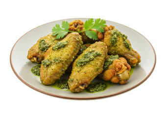 Isolated plate of chicken wings with green pesto sauce and parsley, delicious food snack