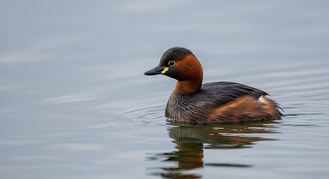 Little Grebe swimming gracefully on calm water, showcasing its vibrant plumage and serene presence.