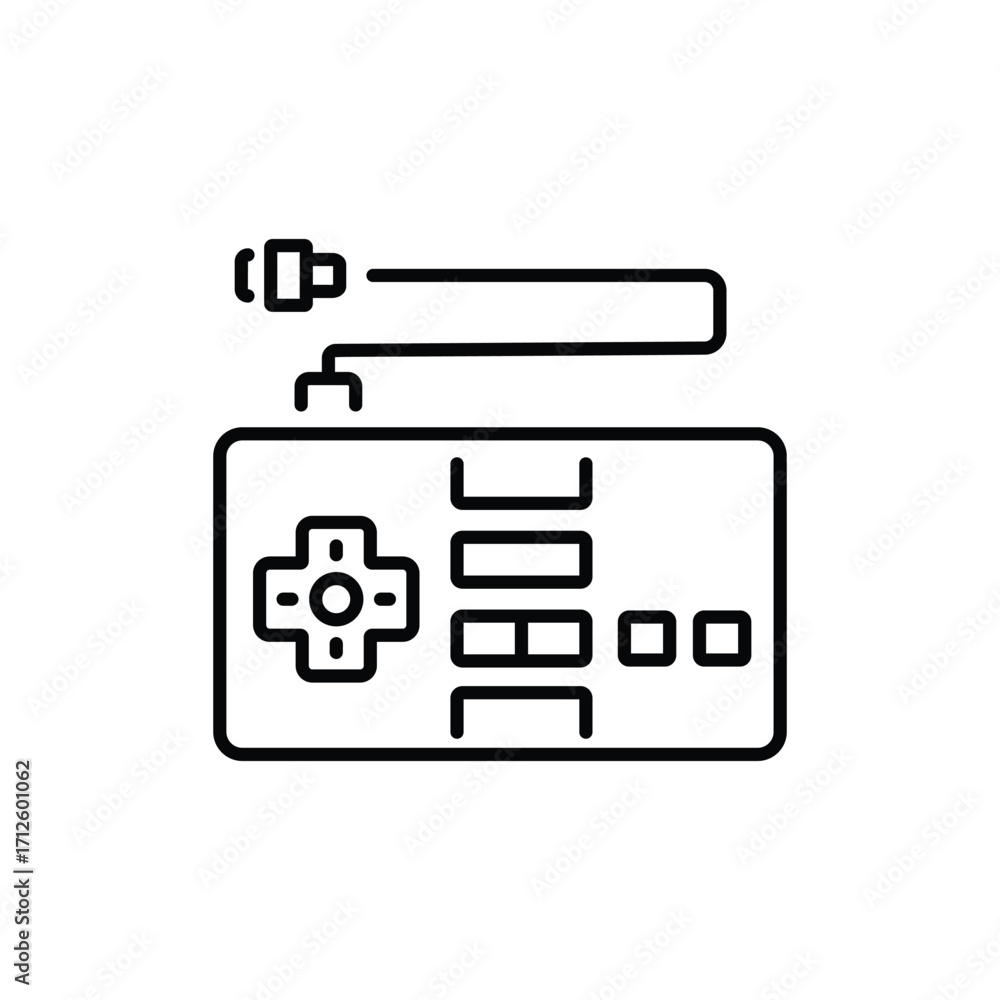 Aufkleber black and white lineart of a game controller with a connected cable. line icon. editable stroke