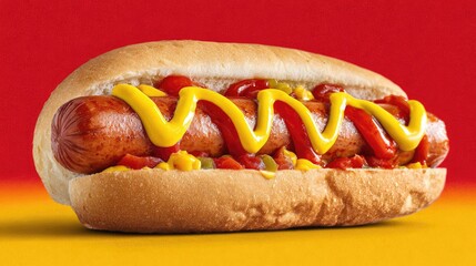 Hot dog with mustard and ketchup on yellow and red background