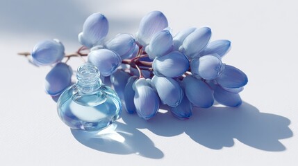 Fototapeta premium Stylized blue grapes and a small glass bottle, cool blue, natural essence or soothing fragrance concept with copy space