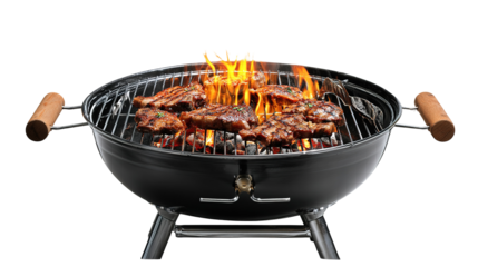 Traditional Wood-Fired BBQ Grill with Juicy Steaks Cooking Over Open Flames