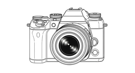 Detailed Line Drawing of a DSLR Camera Photography Equipment Illustration