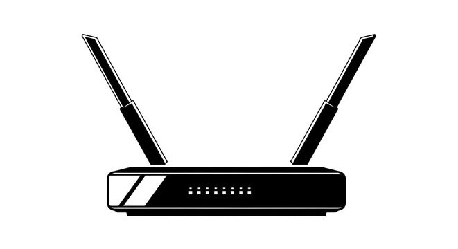 Black and white illustration of a modern wireless router with two antennas, symbolizing connectivity and internet access