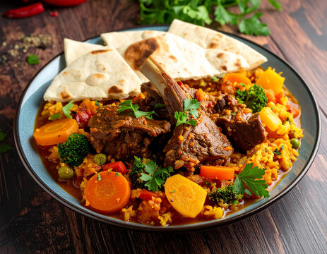 Heaping plate of Mauritanian tharid with stewed lamb pieces, vegetables, and torn flatbread.
