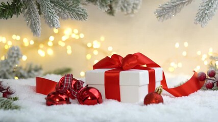 Christmas Holiday background with snow, fir tree gift box and decorations with christmas light behind. Christmas balls on a winter festive background. - Powered by Adobe