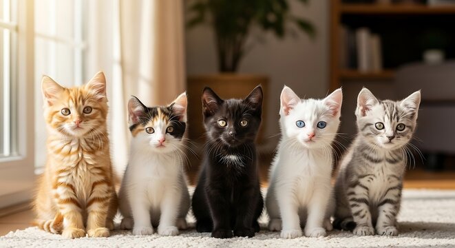 Five adorable kittens sitting in a row. - Powered by Adobe