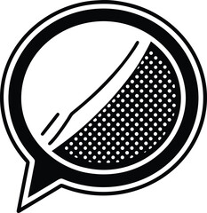 Black and white speech bubble icon with a simple cartoon design illustration