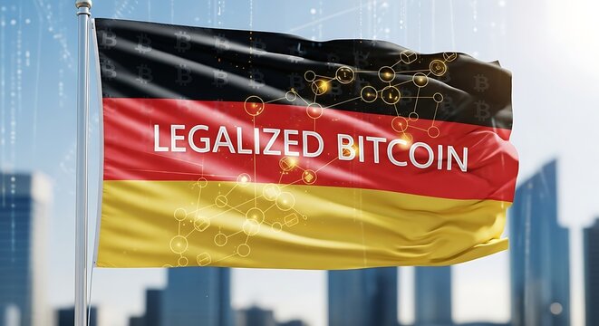 Germany Legalized Bitcoin Flag Waving Cityscape.
